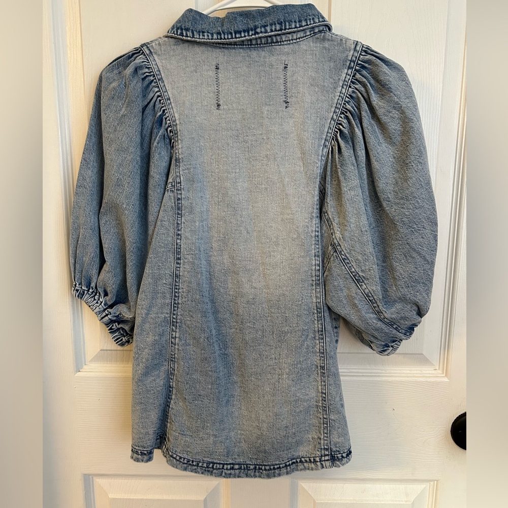 We the Free Suhrie Puff Sleeve Denim Button-Up Shirt Womens XS - Picture 10 of 15